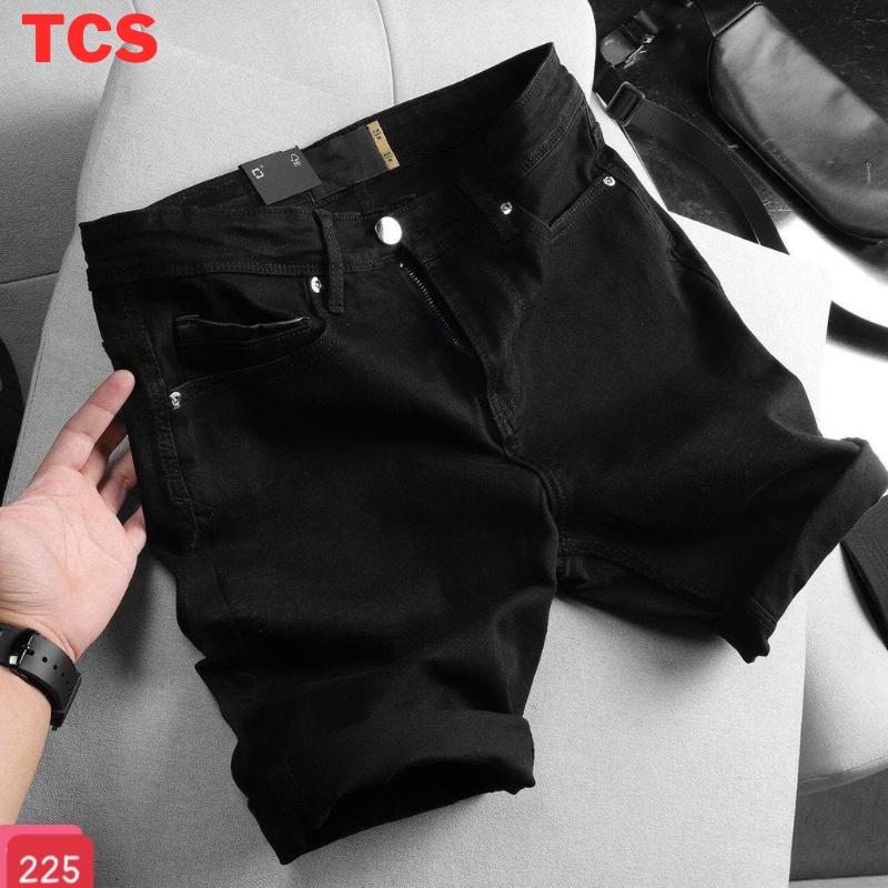 Quần short jean nam co dãn 4 chiều màu đen trơn không rách TCS 225