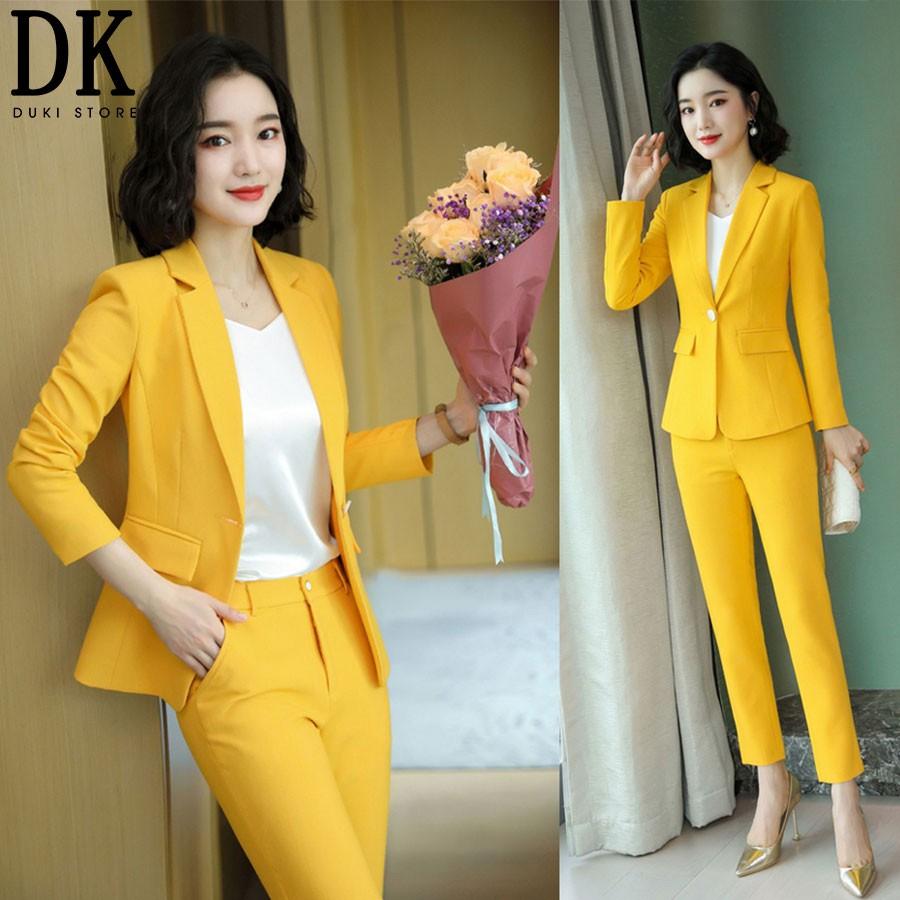 Bộ vest nữ công sở 1 cúc màu vàng đẹp - DUKI STORE