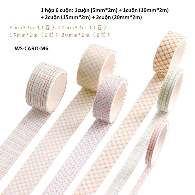 Hộp washi tape 6 cuộn vintage họa tiết kẻ caro cute xinh yêu dán sổ tay Lalunavn - A06