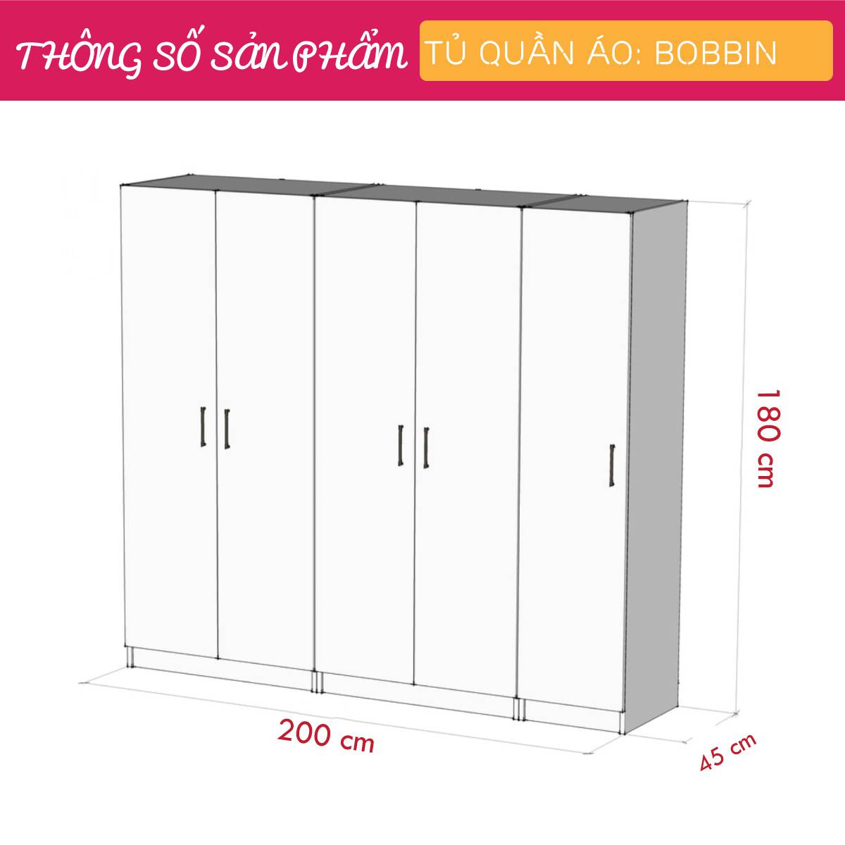 Tủ quần áo gỗ hiện đại SMLIFE Bobbin | Gỗ MDF dày 17mm chống ẩm | D200xR45xC180cm