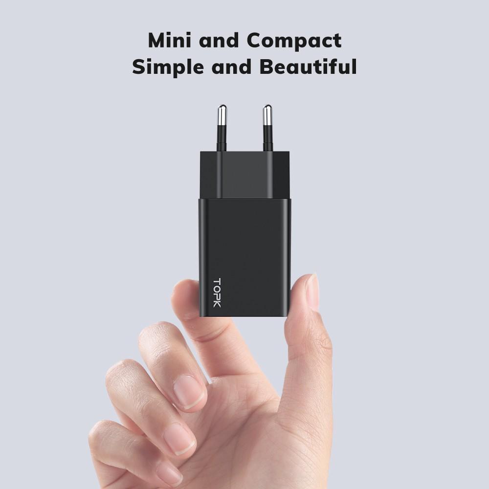 Đầu sạc TOPK với 1 cổng USB B25 10W QC2.0 giắc cắm EU có dây cáp cho điện thoại