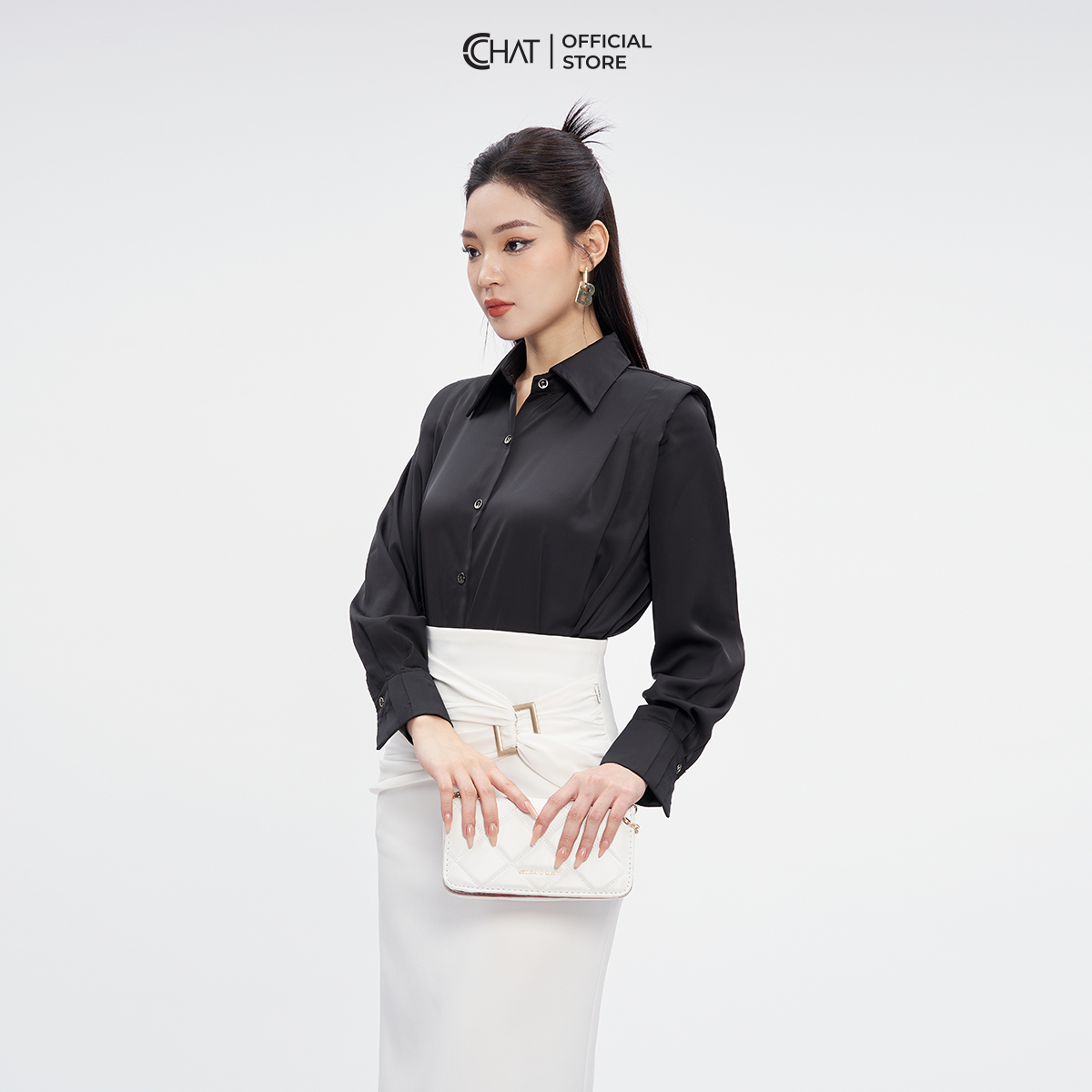 Áo Sơ Mi Nữ  Kiểu Cutout Trang Trí Dây Chất Lụa Cao Cấp Mềm Mịn 53FDL2003ST