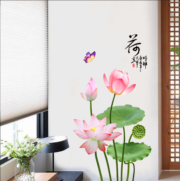 Decal trang trí tường - Hoa Sen cây dài 3D lá lớn tao nhã