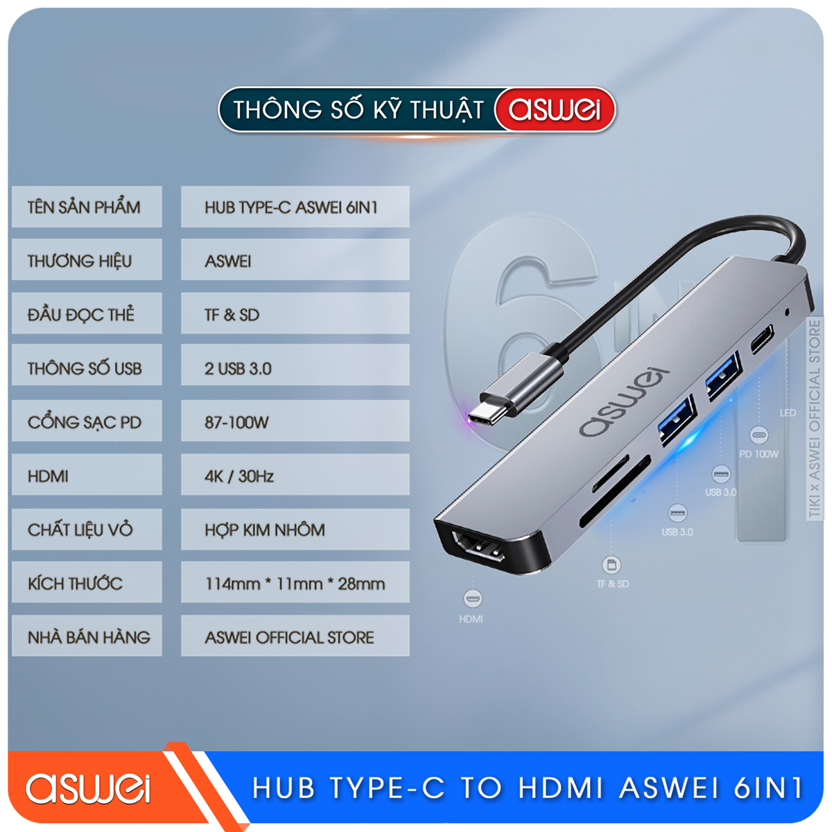 Hub Type C ASWEI 6 in 1 To HDMI, USB 3.0, SD, TF, PD 100W - Hàng Chính Hãng