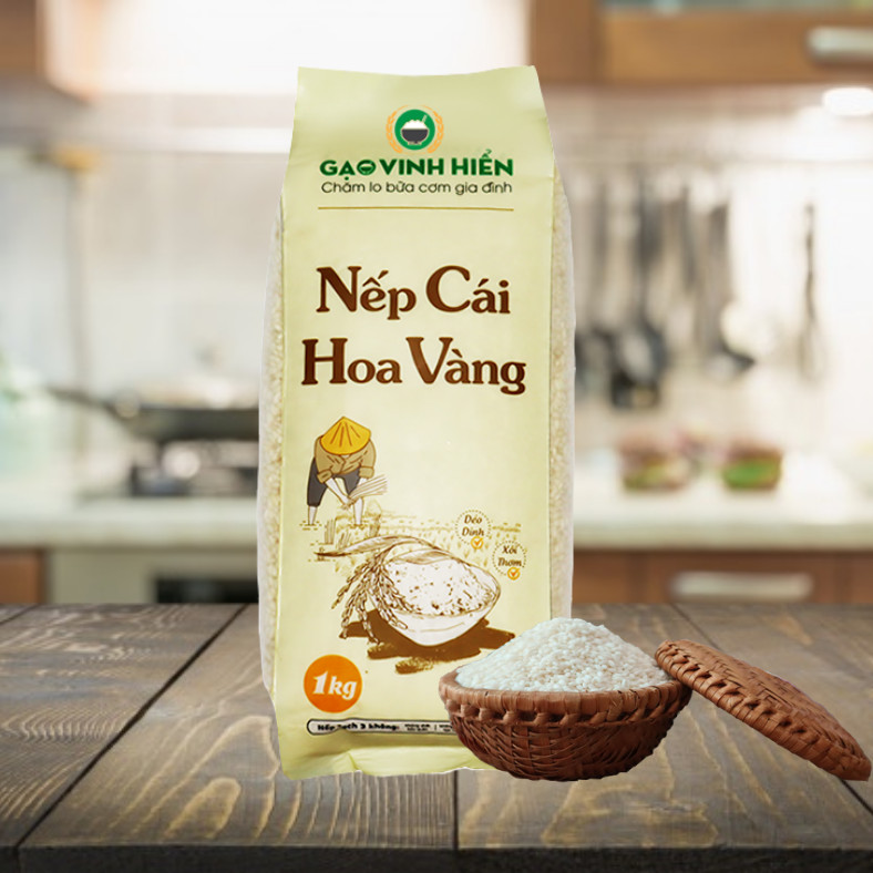 Gạo Nếp đặc sản Cái Hoa Vàng Vinh Hiển túi 1KG - Nếp sạch 3 KHÔNG