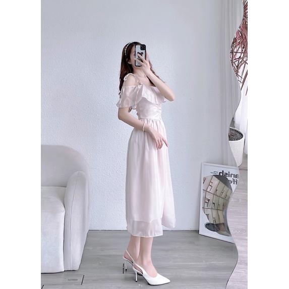 Váy 2 dây dáng dài tiểu thư bèo ngực chất liệu organza óng mềm mại, phù hợp đi tiệc, du lịch, cafe dạo phố - SURI HOUSE