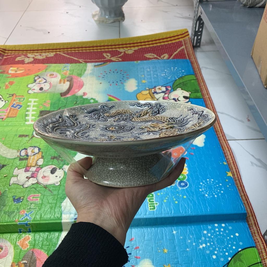 Đĩa đựng hoa quả men rạn đắp nổi long phụng