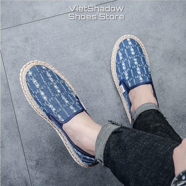 Slip on nam - Giày lười vải mẫu mới 2022 - Chất liệu vải bò rách 2 màu đen và xanh dương - Mã 895