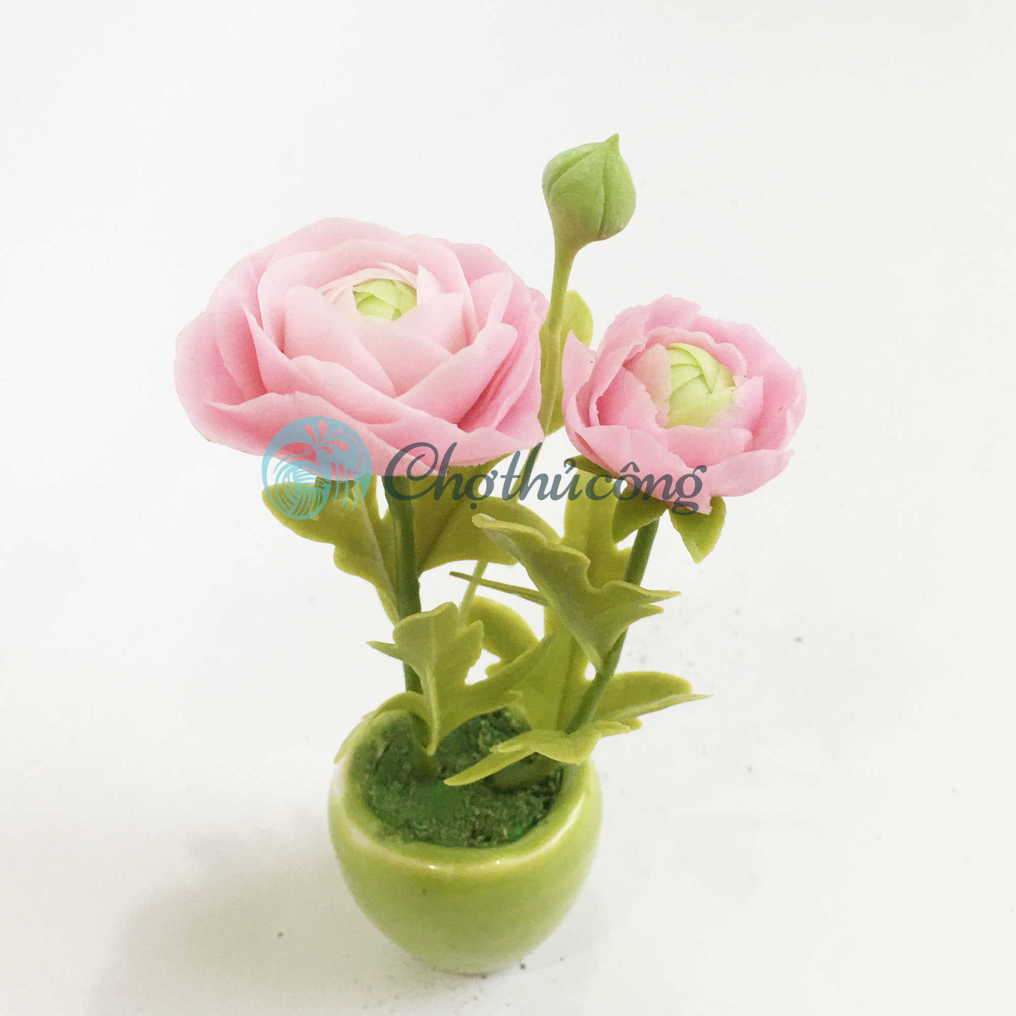Chậu hoa đất sét mini - Cây hoa mao lương / Ranunculus - Quà tặng trang trí handmade