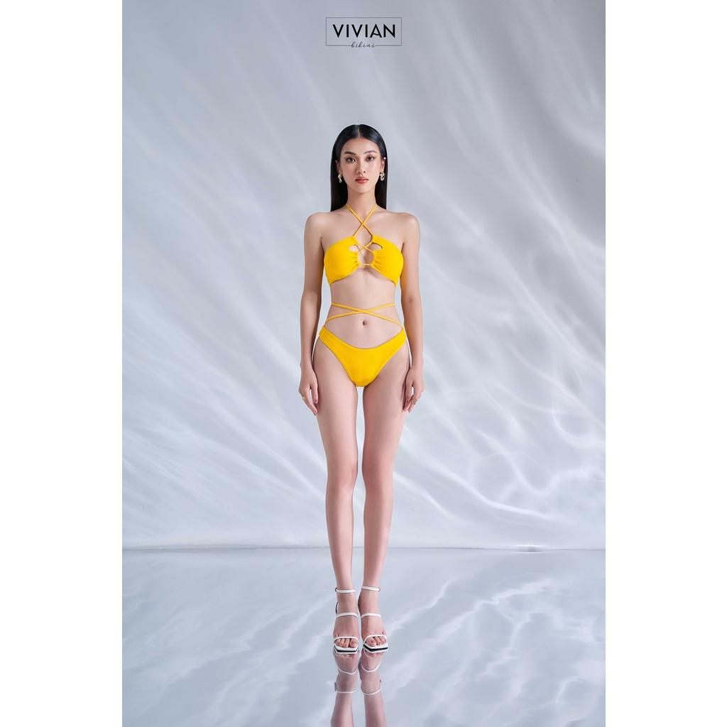 Đồ bơi nữ cao cấp dạng hai mảnh áo ống phối dây tạo hình - Vàng - VS186_YL