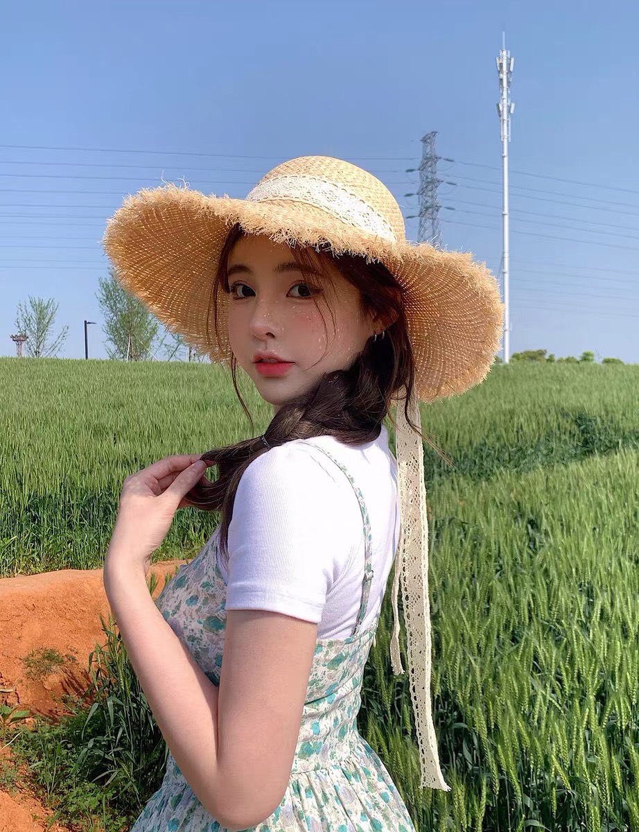 Nón cói rơm dây nơ ren vành xước vintage