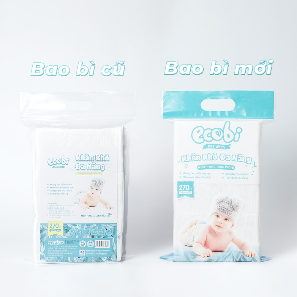 Thùng 05 túi khăn vải khô đa năng cho bé Ecowipes túi 270 tờ 345g mềm mịn dai thấm hút tốt