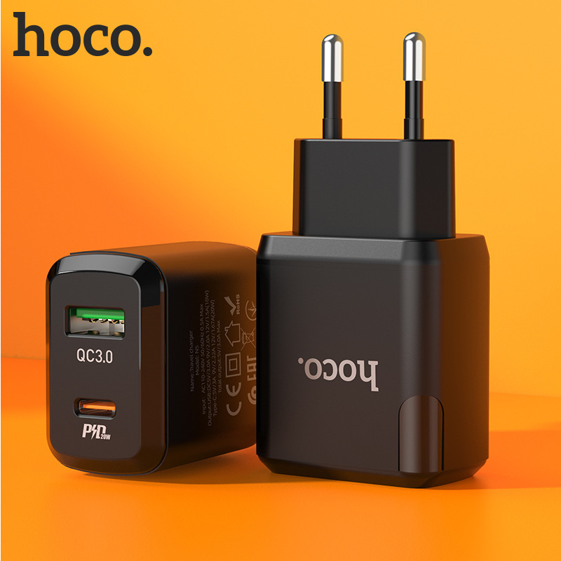 Củ sạc nhanh Hoco N5 (QC, PD 20W) cho android,iphone - chất liệu PC chống cháy - Phích cắm EU ( chân tròn) - Hàng chính hãng