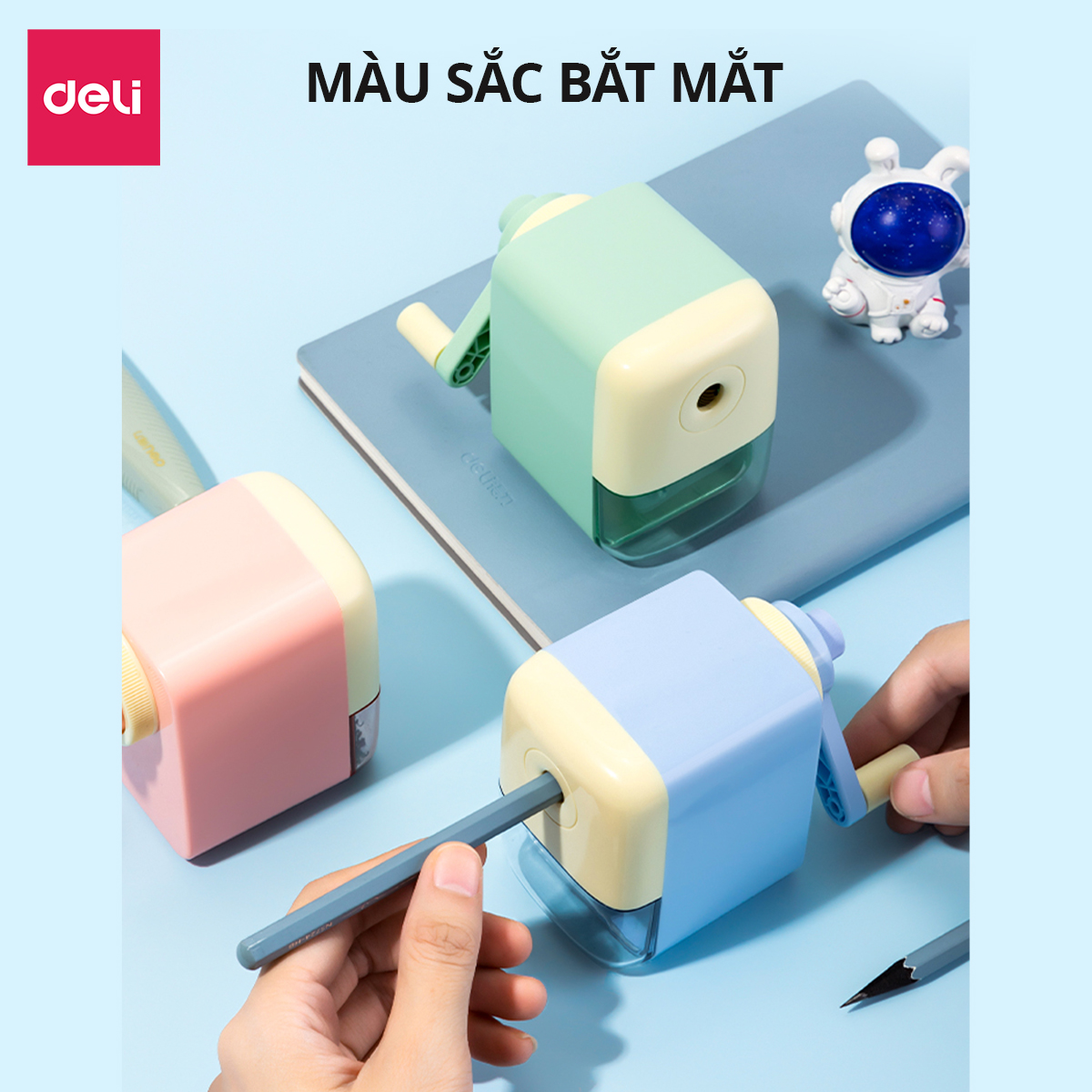 Gọt chì quay tay, chuốt bút chì màu pastel Deli nhỏ gọn sắc bén tiện lợi dễ thương an toàn, đáy chống trượt chất lượng