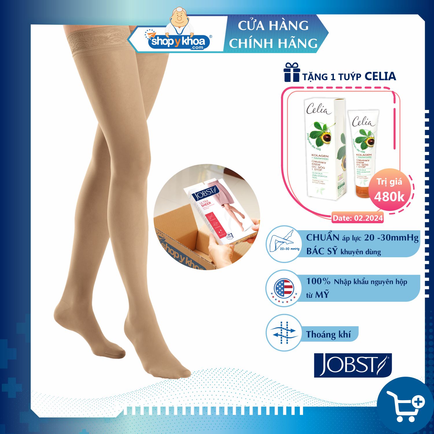 Combo 2 đôi Vớ y khoa đùi silicone JOBST UltraSheer - Siêu mỏng, màu da, kín ngón, 20-30mmHg, giãn tĩnh mạch chân