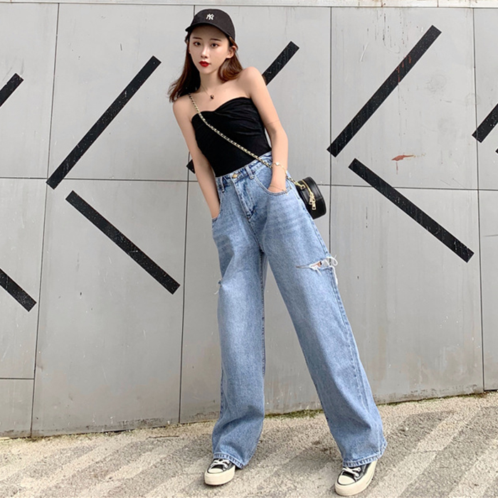 Quần jeans nữ cạp cao dáng dài ống rộng ArcticHunter, thiết kế rách đùi bụi bậm, thời trang phong cách Hàn Quốc