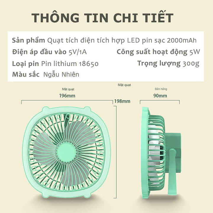 Quạt để bàn mini sạc tích điện có đèn LED, quạt tích điện để bàn văn phòng treo tường kiêm đèn ngủ 3 cánh không ồn