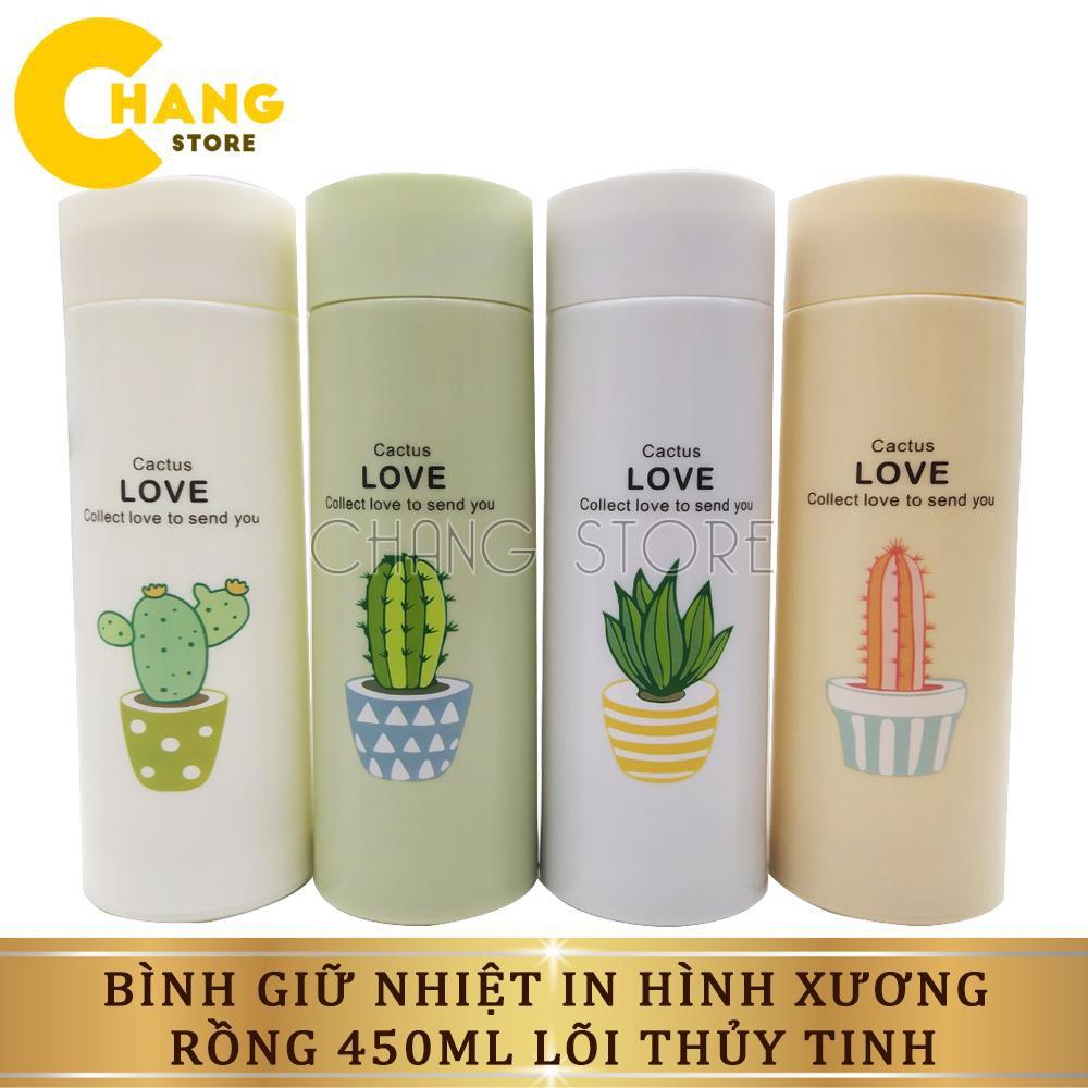 Bình Giữ Nhiệt Thủy Tinh Bọc Nhựa Lúa Mạch 450ml Họa Tiết Xương Rồng, Chống Va Đập, Có Dây Xách Tiện Dụng