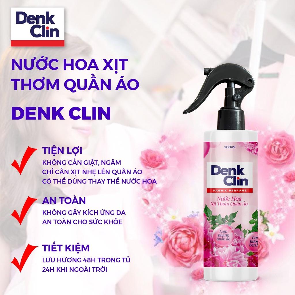 Xả vải khô nước hoa xịt thơm quần áo Denkclin 200ml lưu hương 48h làm mềm vải diệt khuẩn 99.9%