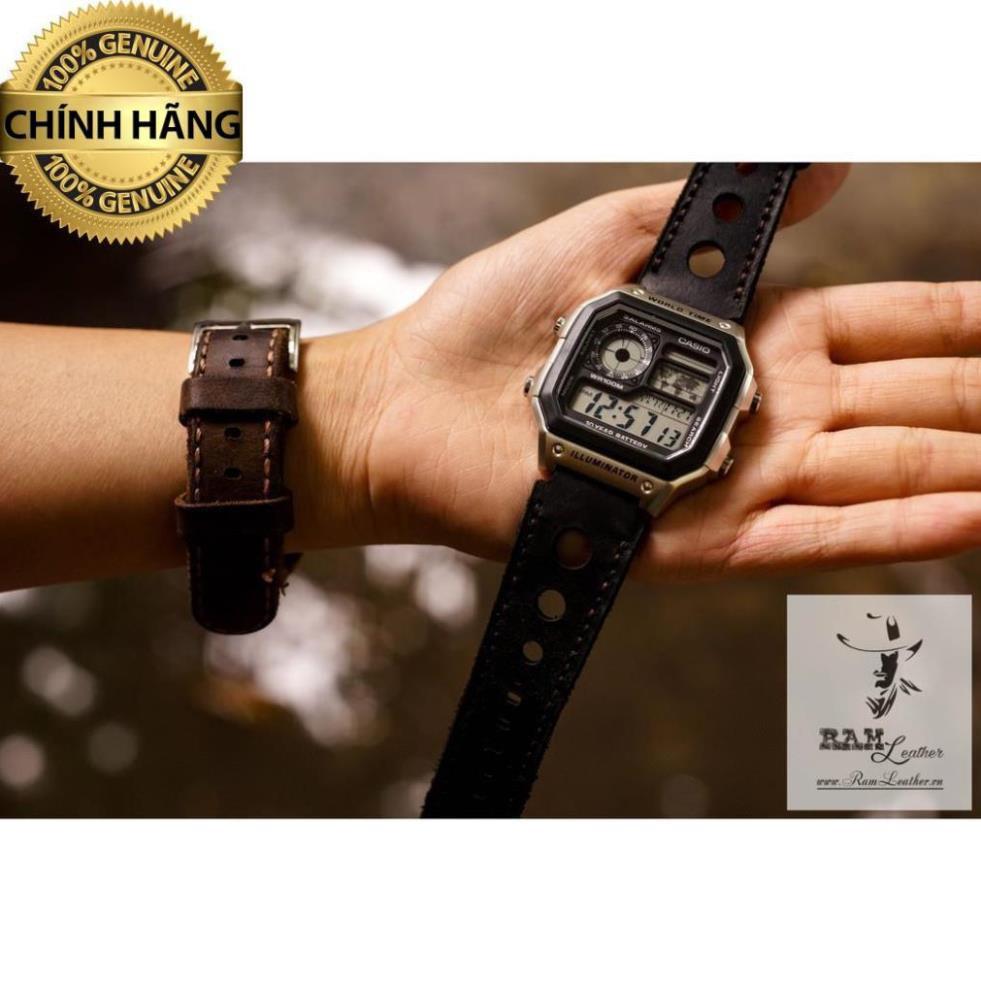 DÂY ĐỒNG HỒ DÀNH CHO CASIO AE1200/SEIKO5 - RAM D2 ĐEN - THOÁNG KHÍ 3 LỖ DA BÒ THẬT .