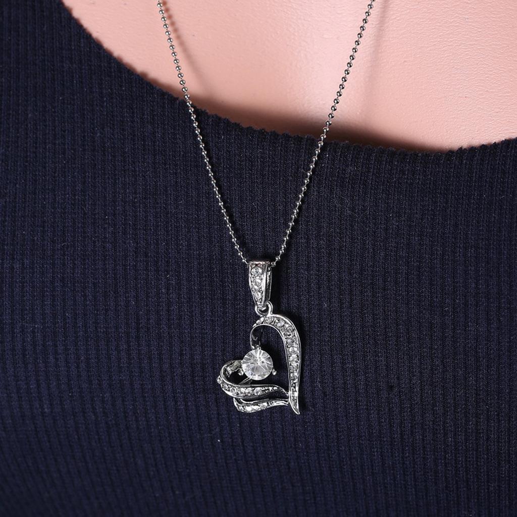 Women Double Heart Rhinestone Pendant Chain Necklace Jewelry Silver Gift