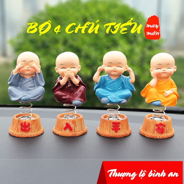 Bộ 4 tượng chú tiểu tứ không trang trí taplo ô tô xe hơi đế lò xo
