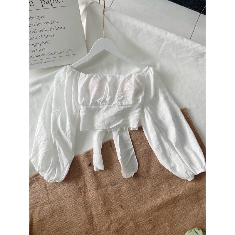 Áo croptop kiểu nữ cổ vuông tay phồng thắt nơ lưng tiểu thư , áo xốp tay phồng thắt nơ lưng HIJUNE AK07