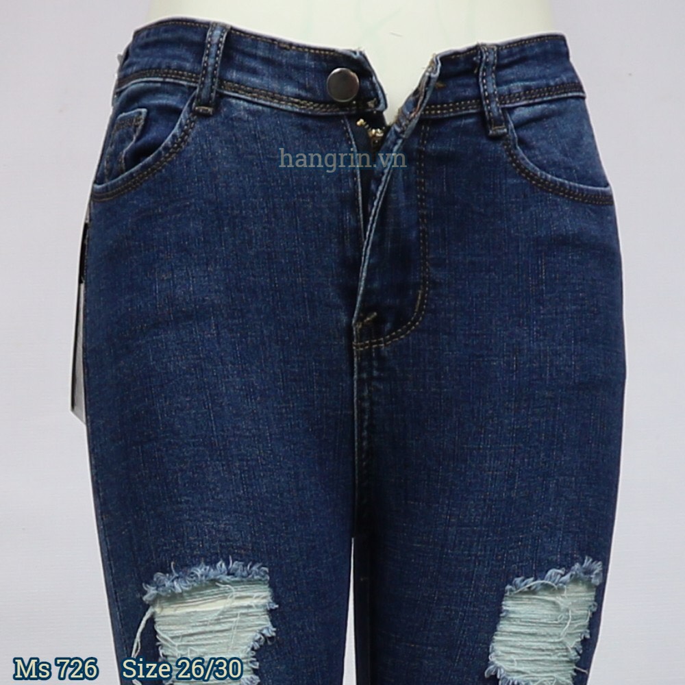Quần Jean Nữ Lưng Cao Rách Màu Xanh Đậm Size 26-30 HR726