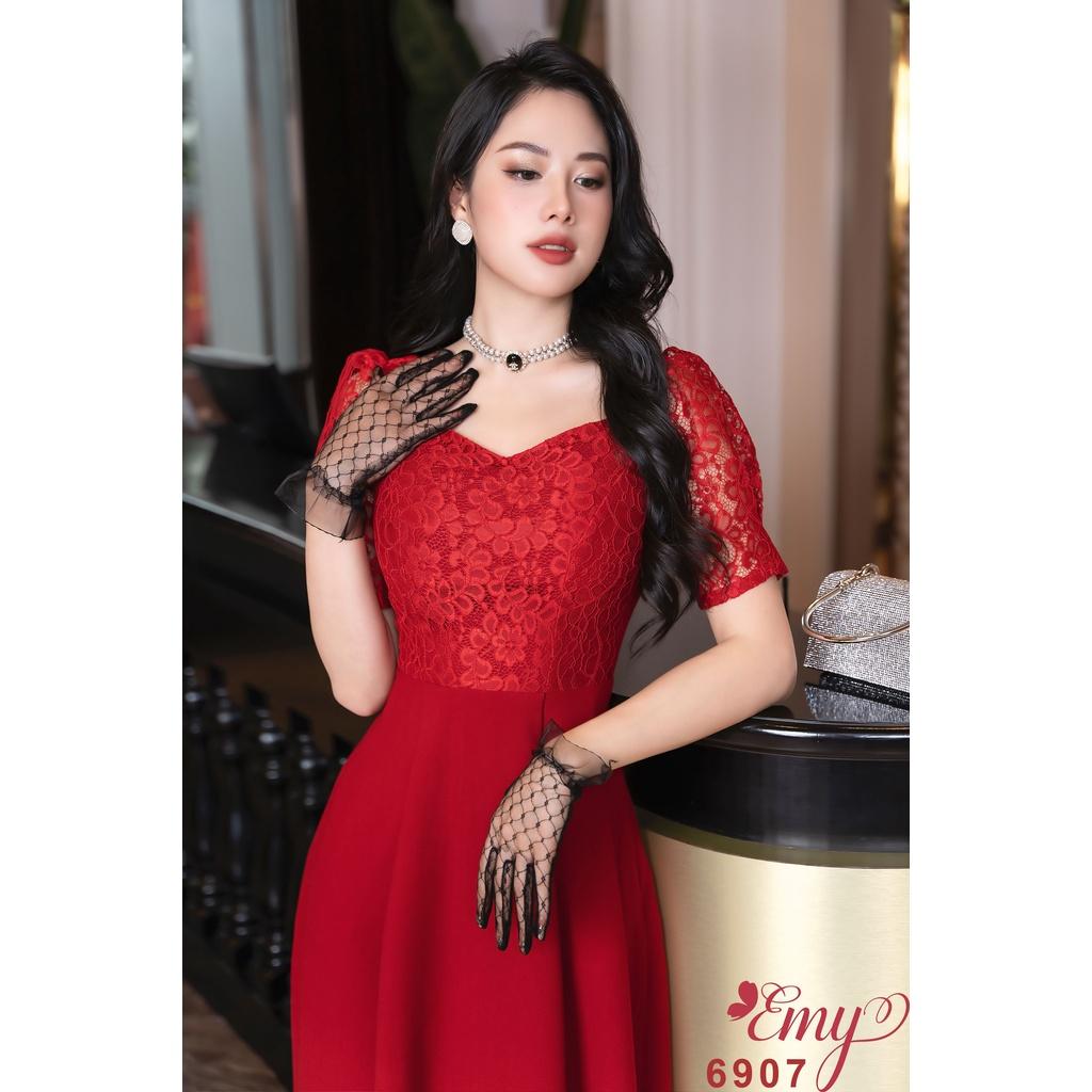 Đầm EMY EM6907 Xoè Đỏ Phối Ren