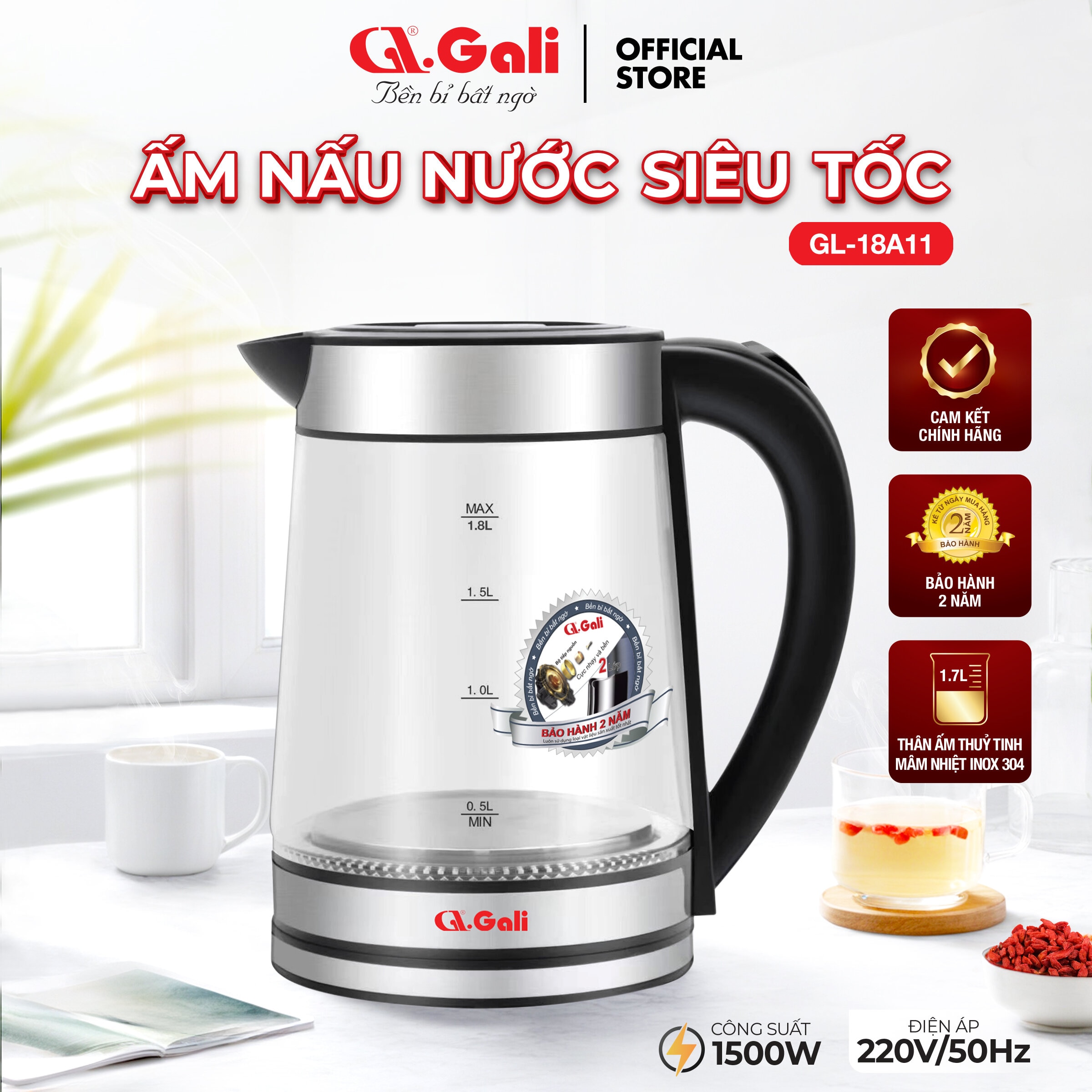 Ấm siêu tốc Gali GL-18A11 1.7L. Thân Ấm Thủy Tinh Có Lưới Lọc Pha Trà. Hàng chính hãng, bảo hành 24 tháng