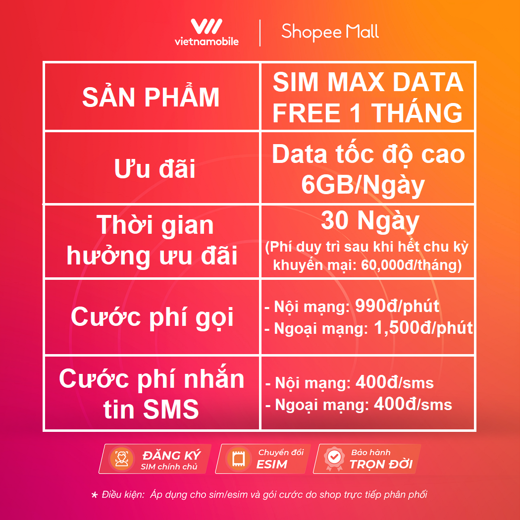 Sim MAX DATA 4G VIETNAMOBILE 6GB/Ngày - 180GB/Tháng. Sản Phẩm Độc Quyền VIETNAMOBILE - SIMTHE.VN. Hàng Chính Hãng