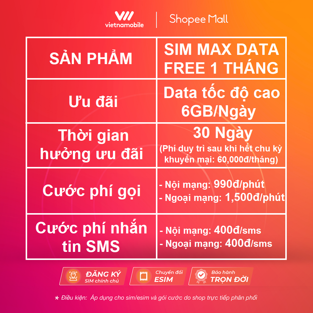 [FREE 1 Tháng] Sim MAX DATA 4G VIETNAMOBILE 6GB/Ngày - 180GB/Tháng. Sản Phẩm Độc Quyền VIETNAMOBILE - SIMTHE.VN. Dùng Trên Toàn Quốc - Hàng Chính Hãng