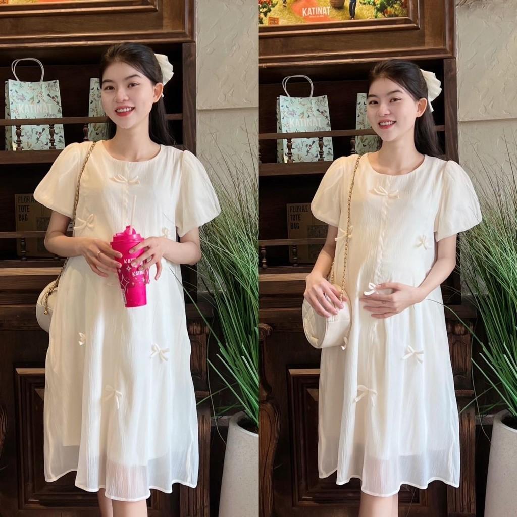 Đầm bầu tơ phom suông đính nơ nhẹ nhàng, dễ thương, sang chảnh Nữ Women - Xám