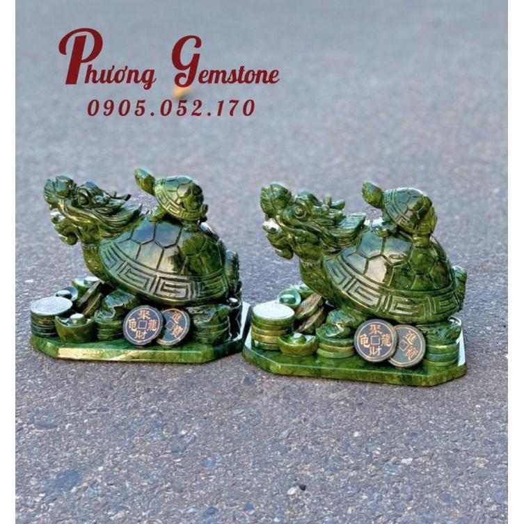 Tượng Cụ Long Quy Cõng Rùa Con - Đá ngọc Serpentine - Dài 22 cm
