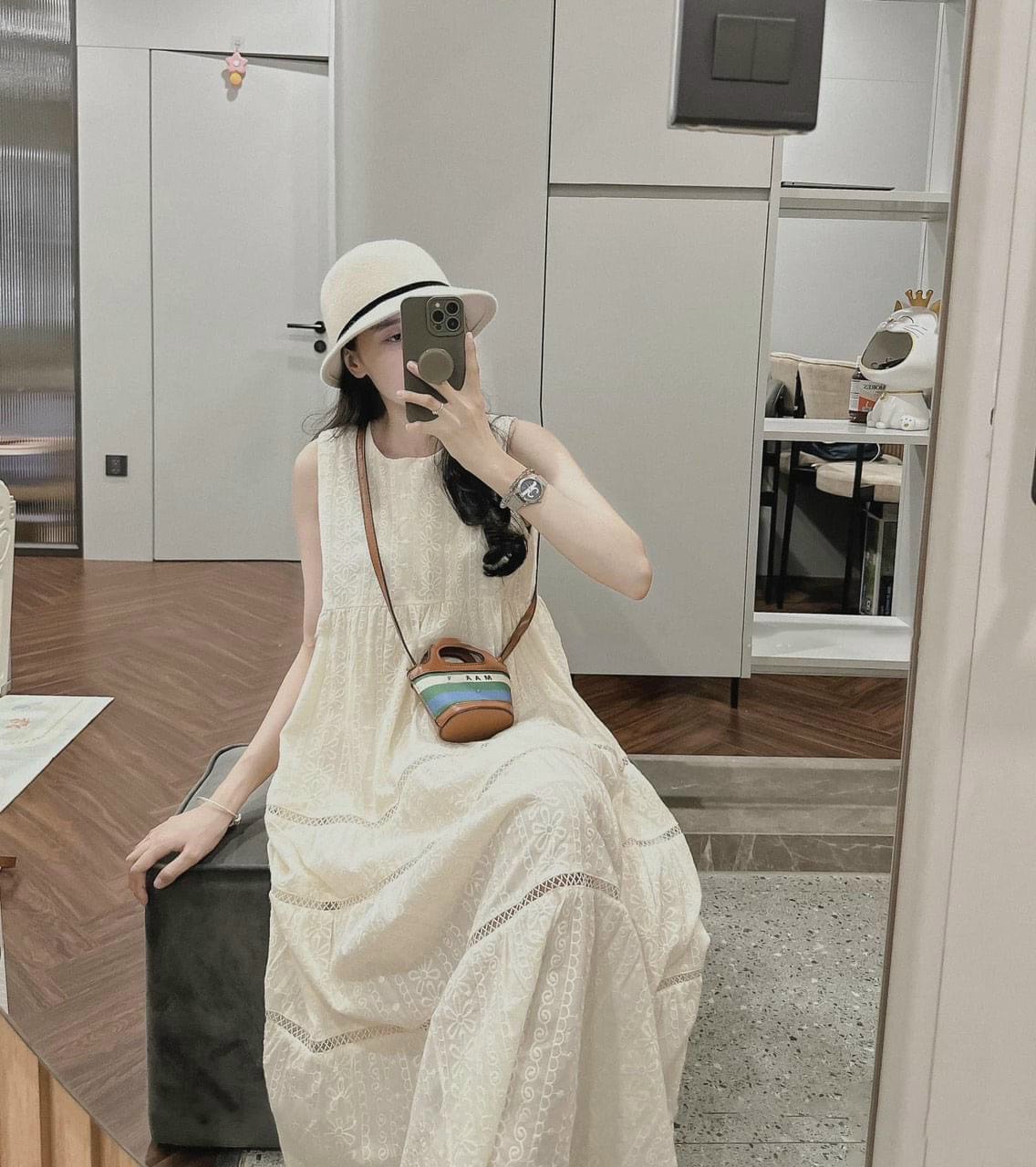 Váy Bầu Sát Nách Mùa Hè Azuno V84 Chất Liệu Cotton Ren May 2 Lớp Cao Cấp