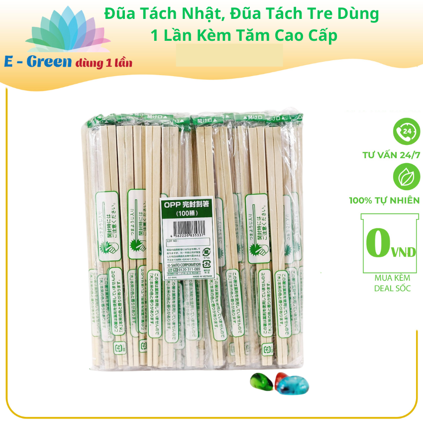 100 Đôi Đũa Tách Gỗ Kiêu Nhật Có Bao Giấy Kèm Tăm An Toàn Vệ Sinh Tiện Lợi - Egreen Dung 1 Lần