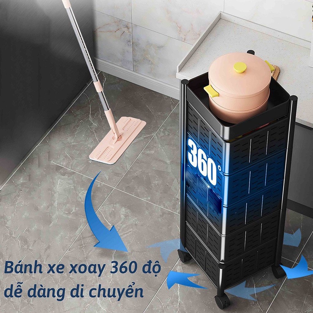 Kệ đựng đồ đa năng xoay 360 độ nhiều tầng - Kệ nhà bếp đa năng - Kệ đựng đồ nhà tắm 5 tầng có bánh xe giỏ đựng đồ