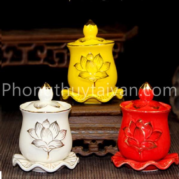 Chum ly nước có nắp khắc Hoa sen nổi có đế lá sen 8cm/9cm/10.5cm.