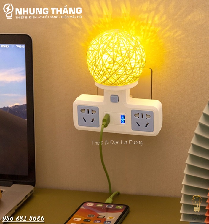 Ổ Cắm Điện Đa Năng - Đèn Ngủ Cầu Mây - 2 Cổng USB , Ổ Chịu Tải 2500W, Chống Cháy Nổ - Kèm Phích Chuyển Đổi - Có Video