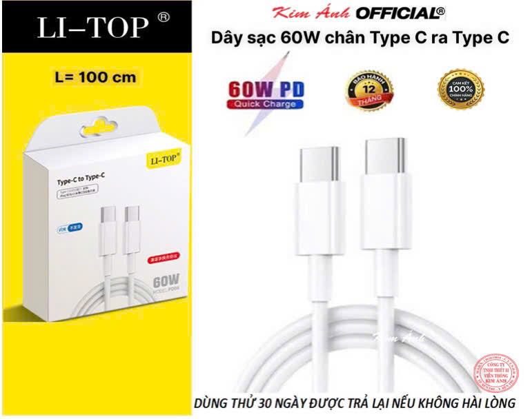 Dây sạc LI-TOP PD08 Công suất 60W chân Type C ra Type C, được dùng thử 30 ngày, Kim Ánh bảo hành hàng chính hãng 12 tháng