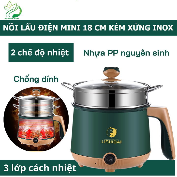 Nồi lẩu điện mini đa năng 2 tầng chống dính kèm giá hấp Inox ( Chiên, Xào, Nấu Nướng ) với 2 nấc nhiệt tiện lợi 18CM, nồi nấu đa năng cho sinh viên, hoc sinh