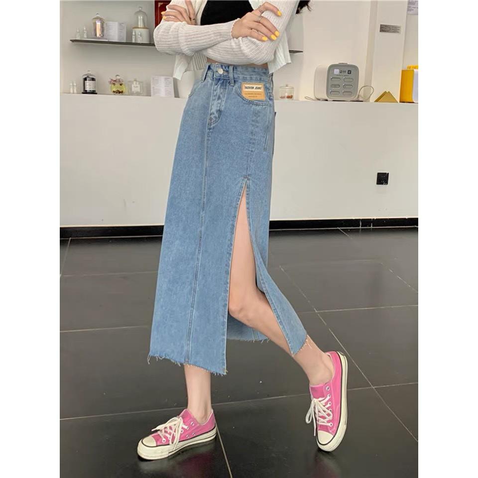 Chân Váy Denim Lưng Cao Xẻ Tà Quyến Rũ Cho Nữ, Chân váy jeans đính tag