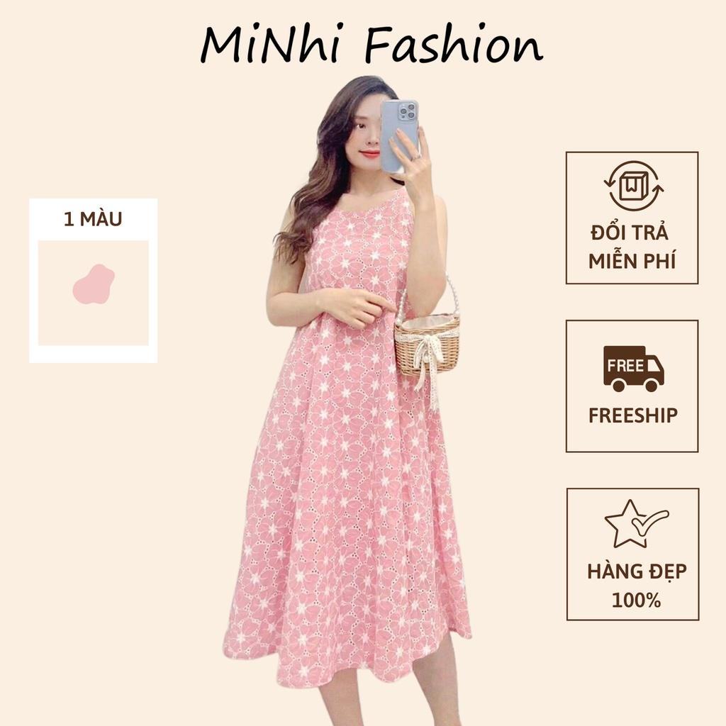 Đầm hồng dáng suông form rộng vải kate thêu hoa Cao Cấp hàng loại 1 vải đẹp, sát nách cổ tròn - MiNhi Fashion