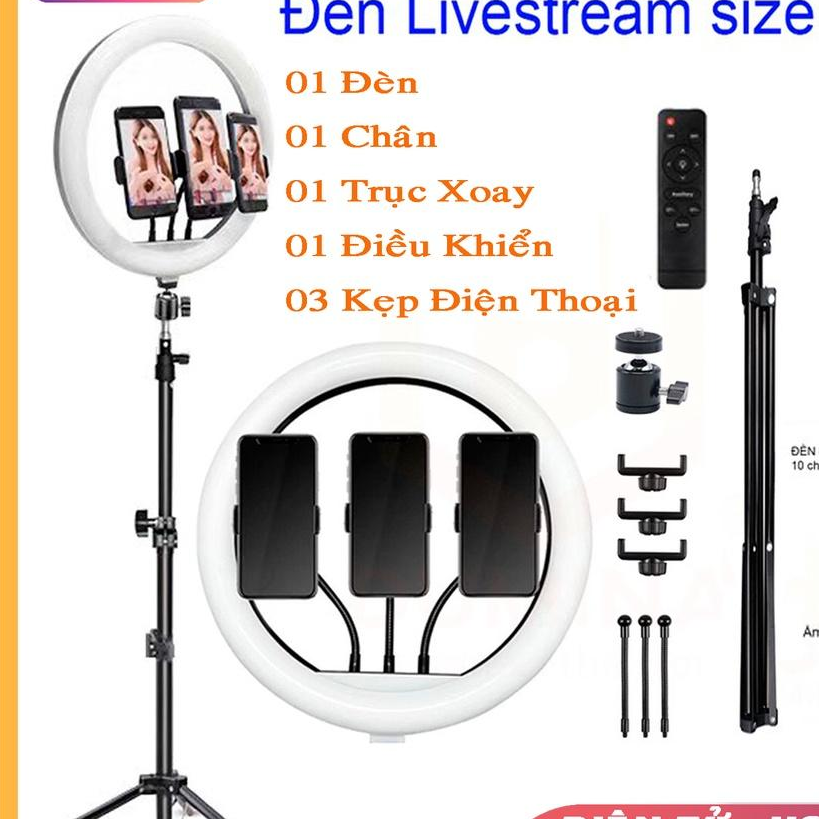 Đèn Livestream size 36 cm + chân 2m1+3 kẹp ĐT + điều khiển , hỗ trợ chụp ảnh make up trang điểm nhiều chế độ sáng