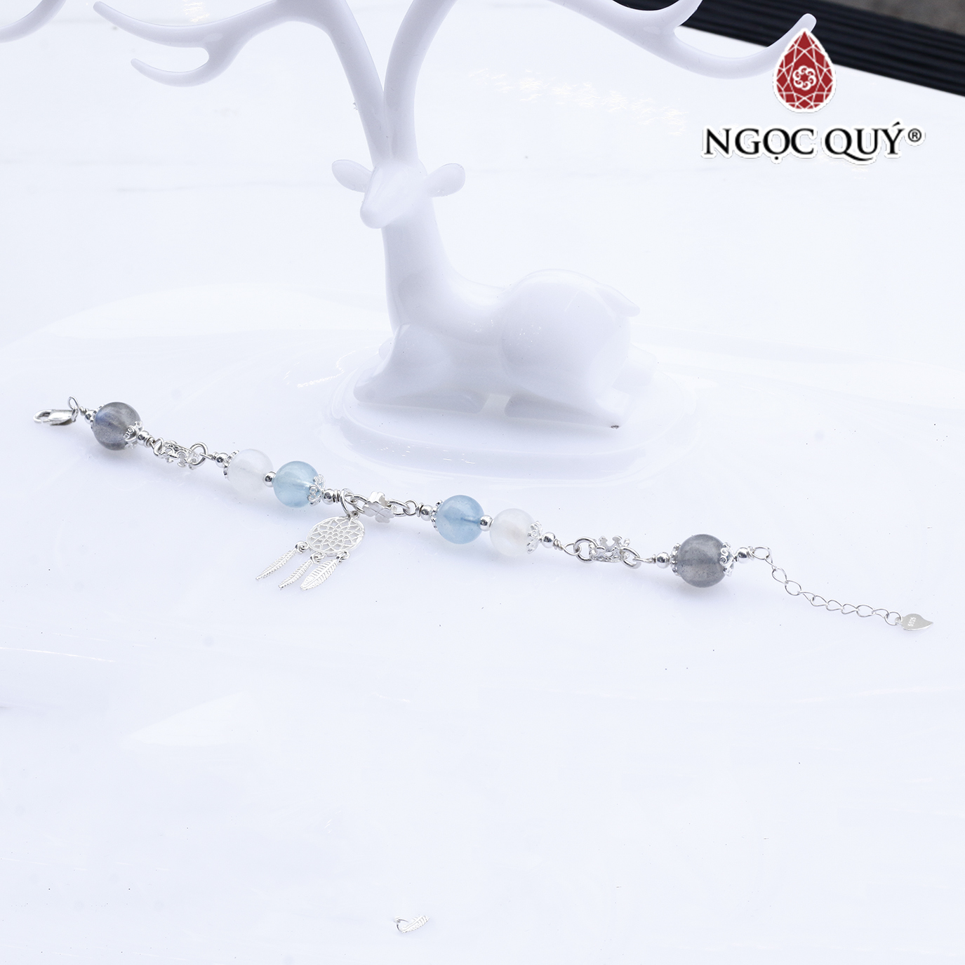 Vòng lắc bạc phối charm aquamarine và thạch anh trắng mệnh thủy, mộc - Ngọc Quý Gemstones