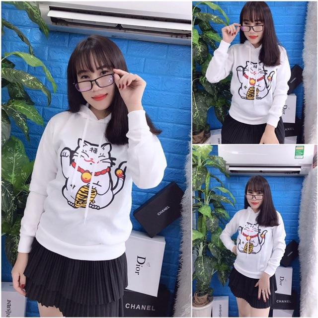 Áo hoodie nữ in hình mèo thần tài
