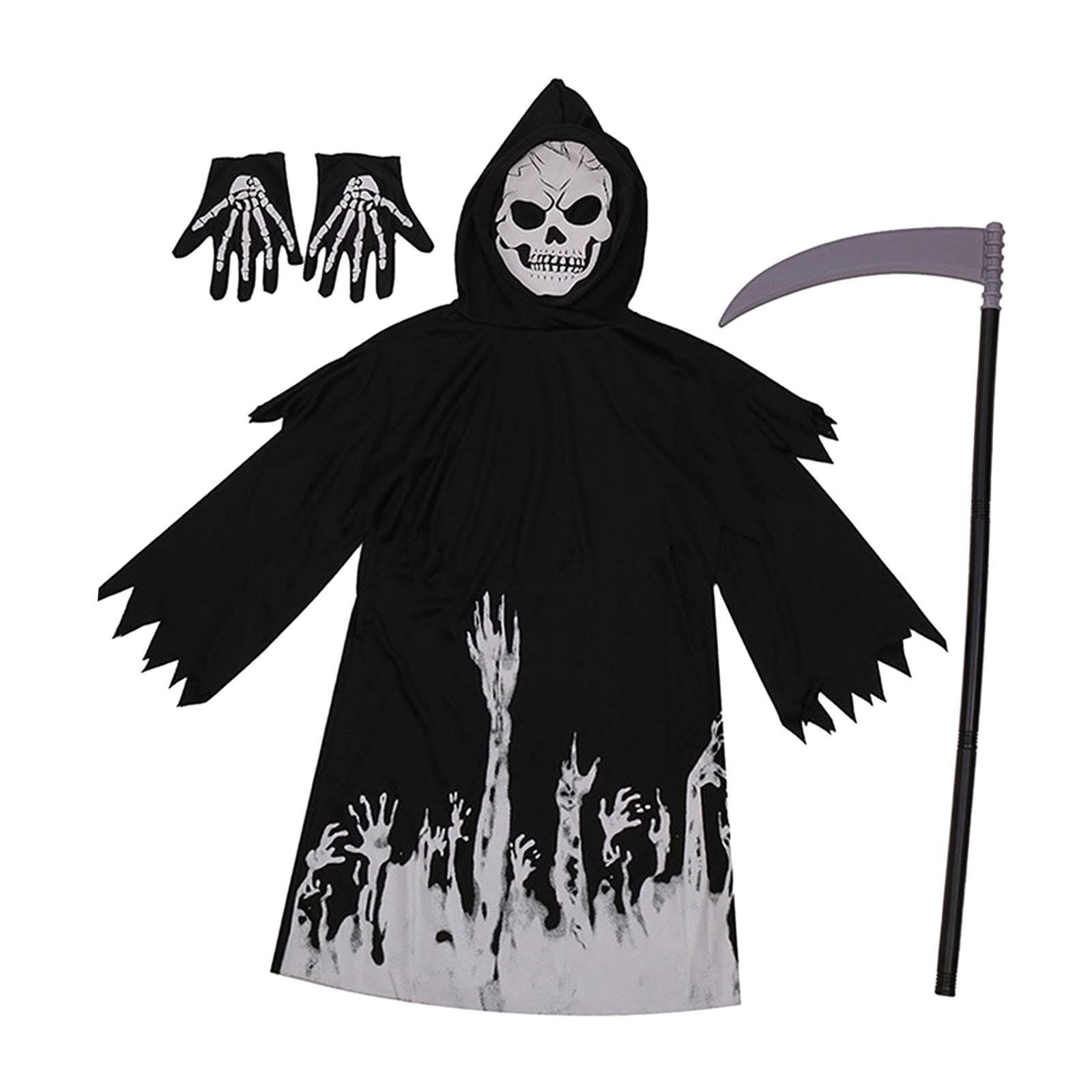 Grim Reaper Costume Hooded Cape Skull Creepy for Dress up Stage Performances