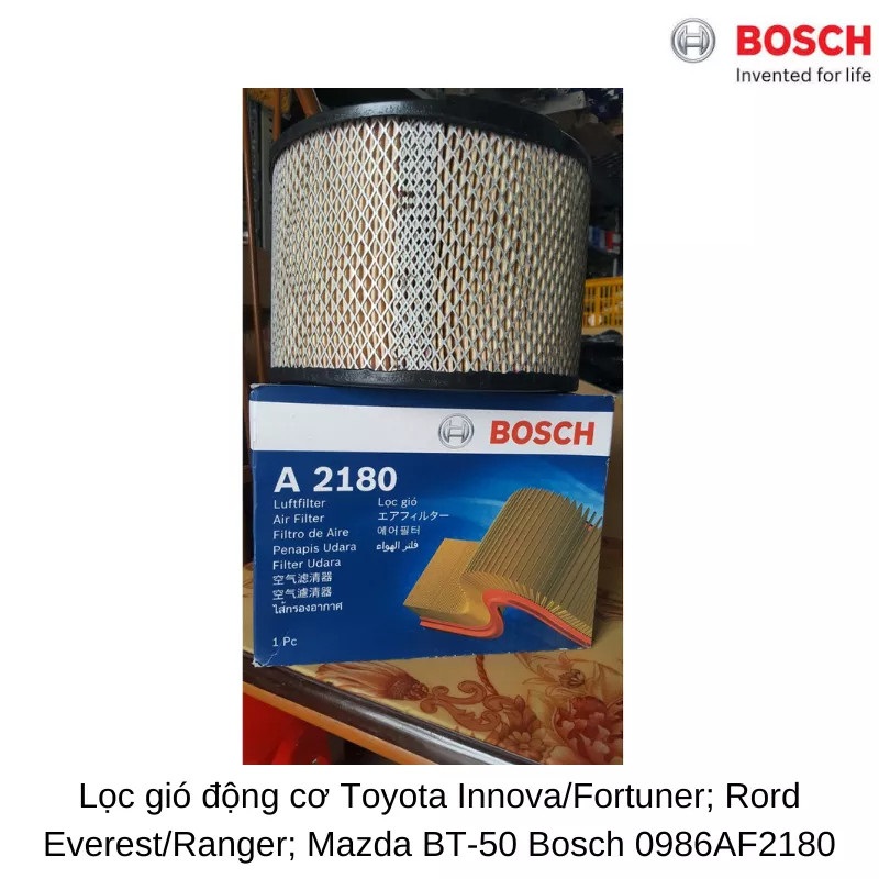 Lọc gió động cơ BOSCH A2180 Toyota Innova/Fortuner; Rord Everest/Ranger; Mazda BT-50; 0986AF2180