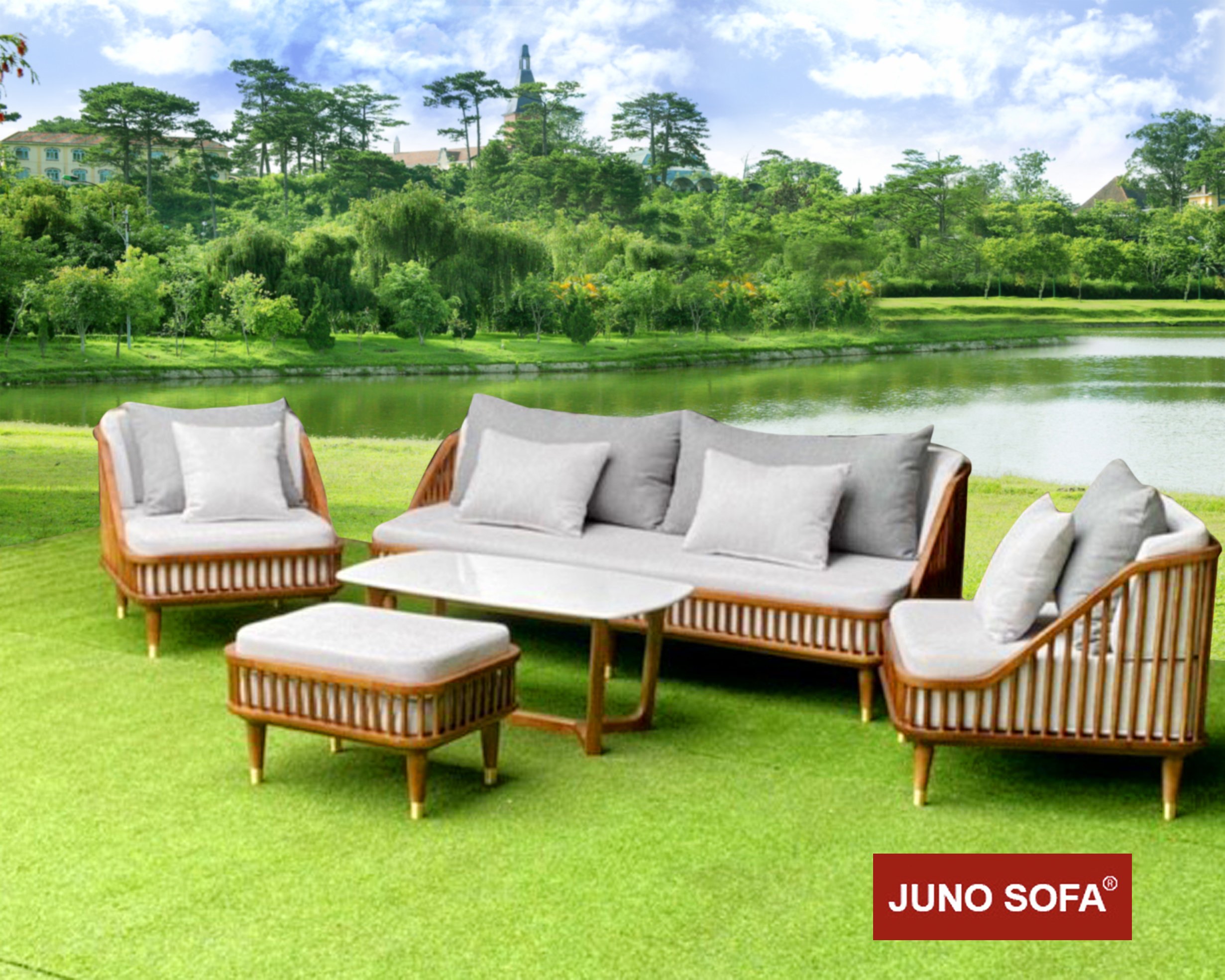 Bộ sofa Cao Cấp Bắc Âu Juno Sofa. băng 1m8, 2 đơn, đôn và bàn