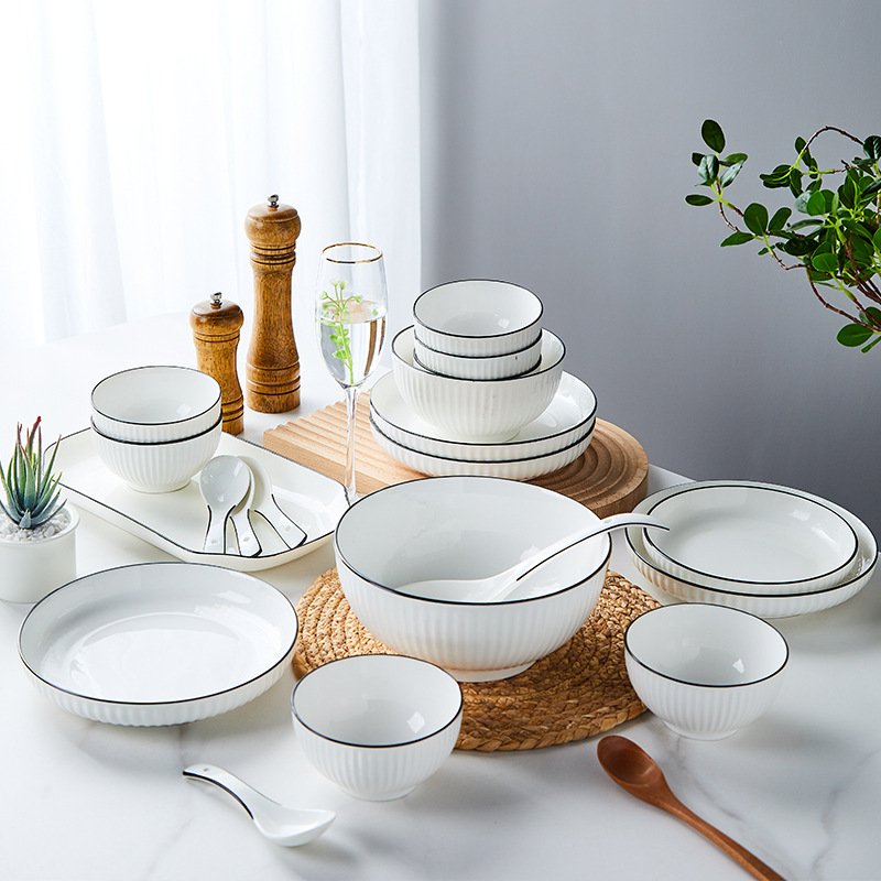 Bộ Bát Đĩa Sứ Gosu Cao Cấp Trắng Viền Đen